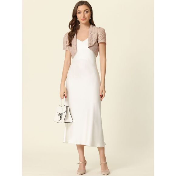 Floral Lace Shrug Work Crop Cardigan Wedding Guest Elegant Bolero Pink - Picture 4 of 6